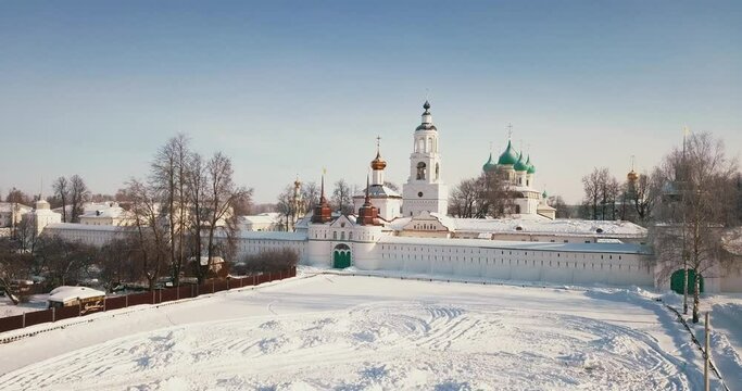 Aerial view of the White Monastery in the winter Russian city of Pereslavl