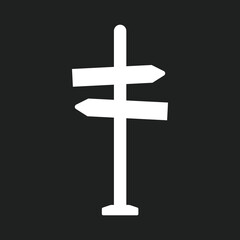 Simple white signpost, direction icon on black background.
