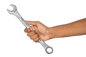 Hand of car mechanic with a wrench. Isolated over white background.
