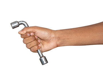 Fototapeta premium Hand of car mechanic with a wrench. Isolated over white background. 