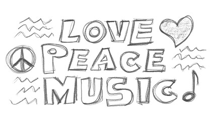 Symbol love, peace and music, hand draw isolated on white 