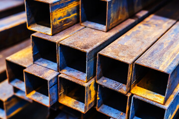 Profile pipes of square shape damaged by corrosion are located in the warehouse of a hardware store. Close-up. selective focus