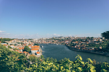 Fototapeta na wymiar River view of Porto city from green park and sun shine on houses 