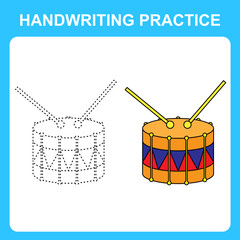 Handwriting practice. Trace the lines and color the drum. Educational kids game, coloring book sheet, printable worksheet. Vector illustration