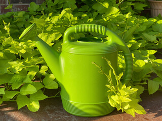 bright green watering can and sweet potato vine in sunshine