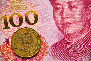 banknot chiński, 100 juanów, dominikańska moneta, Chinese banknote, 100 yen, Dominican coin