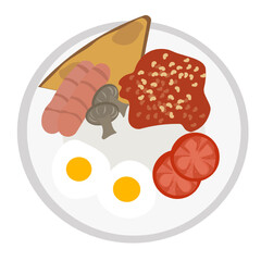 Traditional English breakfast plate vector illustration isolated on white background. Simple single famous or popular English breakfast plate design.