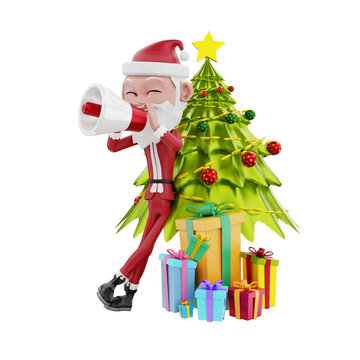 3D Render of santa claus characters and christmas tree
