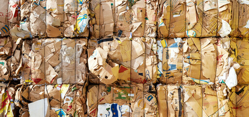 stack of old waste paper in front of recycling facility