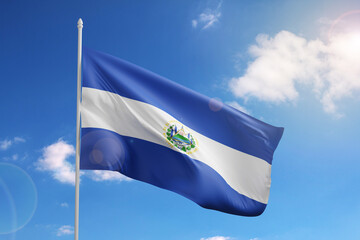 Flag of El Salvador on blue sky. 3d illustration.