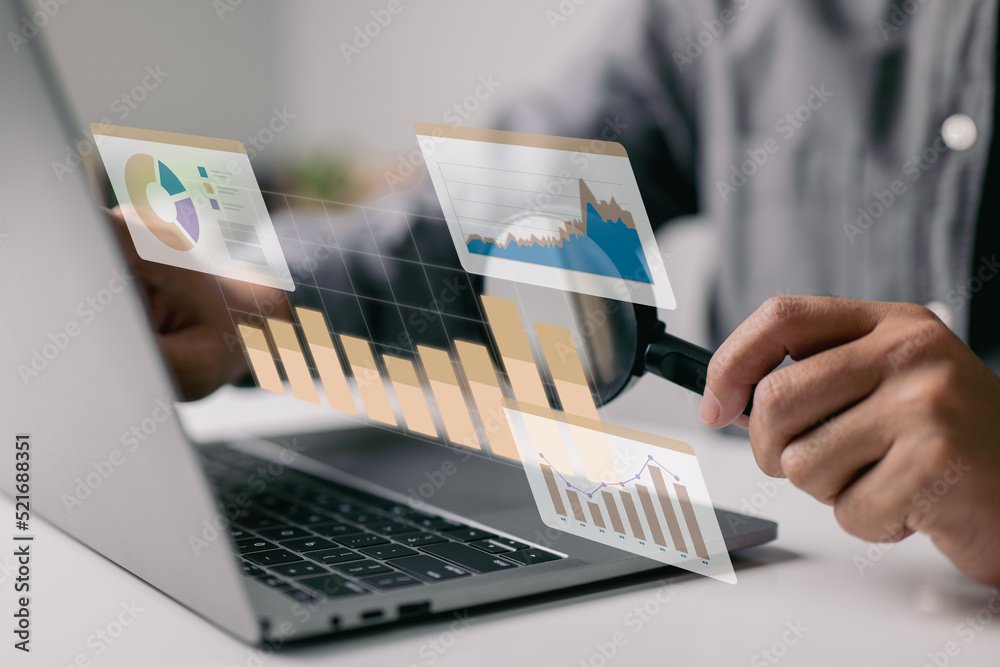 Aufkleber Statistical and data analysis for corporate finance and investing concepts with businesspeople on a graph dashboard.