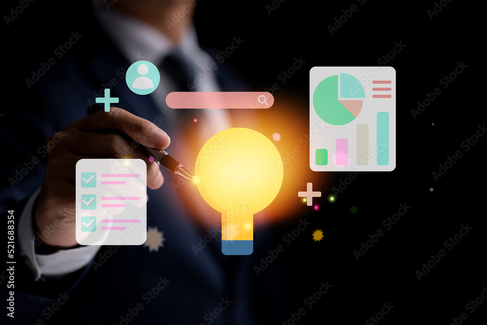 Poster online marketing, financial report charts, and data analysis. businessman with a data chart and idea