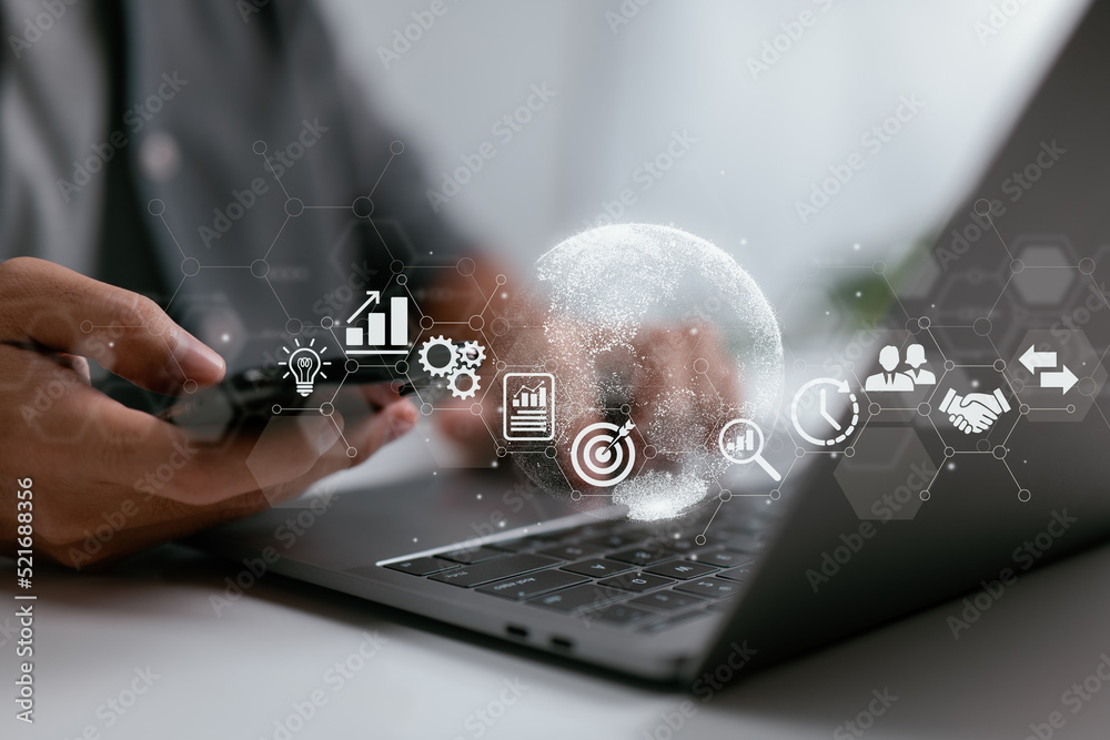 Aufkleber A businessman use a smartphone. Examples of business worldwide internet connection application technology and digital marketing include finance and banking, digital link technology, and big data.