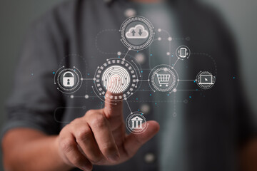 The businessman's fingerprint scan offers secure interface for online payments, banking, and cloud computing network connections.