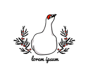 Vector card with hand drawn sweet rock ptarmigan sitting on its eggs. Ink drawing, decorative graphic style. Beautiful northern wild nature design elements