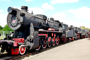 Fototapeta premium The old train in the museum. Front view