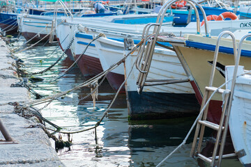 Fototapeta na wymiar Berth fisherman beach boat nature water sea fishing ship tourism, concept transport outdoor for nobody from lake sky, brown transportation. Ohrid macedonia rope,