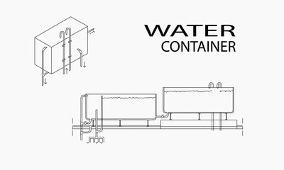 Architectural background layout design, working drawing of a water tank with architect's outline and size and scale and details, water tank, water storage design drawing