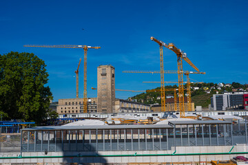 Cranes, large construction site, Stuttgart-21-grounds, Stuttgart, Baden-Wuerttemberg, Germany,...