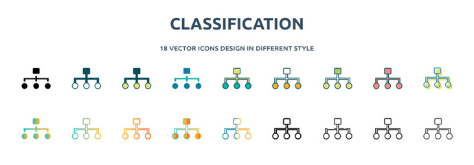 classification icon in 18 different styles such as thin line, thick line, two color, glyph, colorful, lineal color, detailed, stroke and gradient. set of classification vector for web, mobile, ui