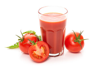 Glass with tomato juice and ripe tomatoes. Isolate on white background