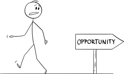 Person Walking Wrong Way to Opportunity, Vector Cartoon Stick Figure Illustration