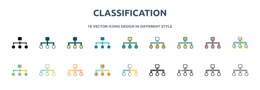 Classification Icon In 18 Different Styles Such As Thin Line, Thick Line, Two Color, Glyph, Colorful, Lineal Color, Detailed, Stroke And Gradient. Set Of Classification Vector For Web, Mobile, Ui