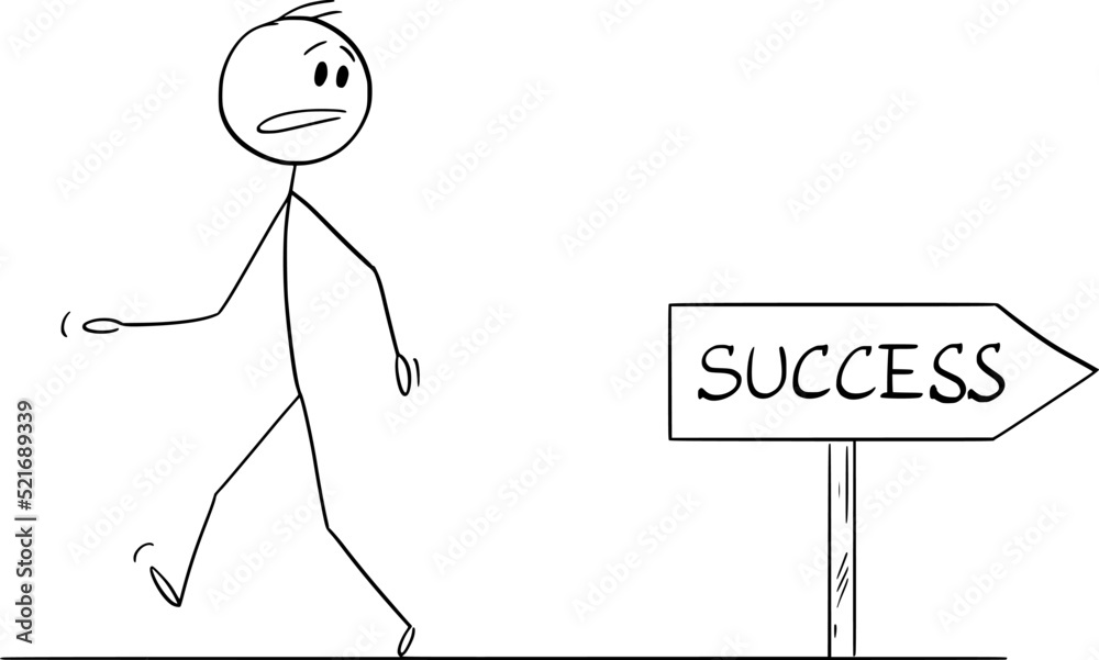 Sticker Person Walking Wrong Way to Success, Vector Cartoon Stick Figure Illustration