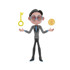 3d businessman with key and money