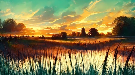 Fototapeta na wymiar Green Grass during Sunset wallpaper 