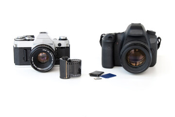 concept old film reflex camera vs digital reflex camera, on a white isolated background