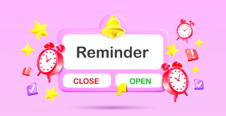 3D reminder window with bell and clock. Notifications page, concept of business planning, schedules and events. Vector illustration