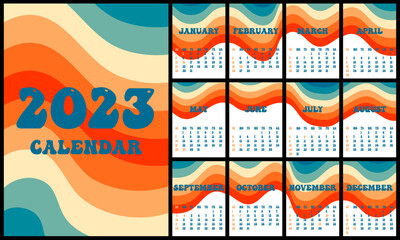 Calendar 2023 retro groovy wallpaper. Vertical Covers and 12 month pages. Week start on Sunday. A4 A3 A2 A5. Minimalistic design.