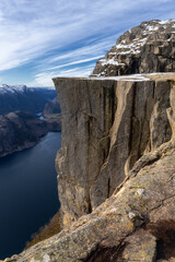 Preikestolen or Prekestolen, a 604 m high cliff in Norway, located by the Lysefjord