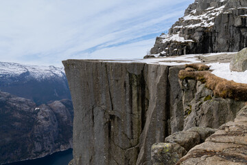 Preikestolen or Prekestolen, a 604 m high cliff in Norway, located by the Lysefjord