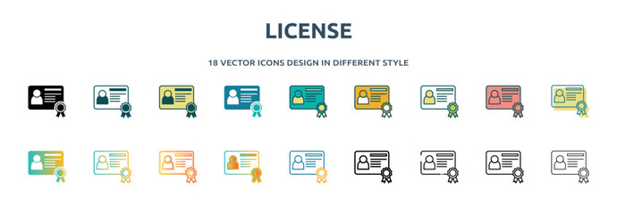 license icon in 18 different styles such as thin line, thick line, two color, glyph, colorful, lineal color, detailed, stroke and gradient. set of license vector for web, mobile, ui