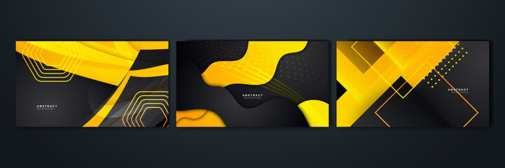 Modern black and yellow golden color shape overlap pattern on dark background with shadow. Abstract trendy color geometric shape with copy space. Futuristic and technology concept. Vector illustration