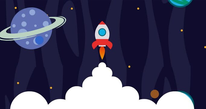 animated space rocket background with white smoke bubbles