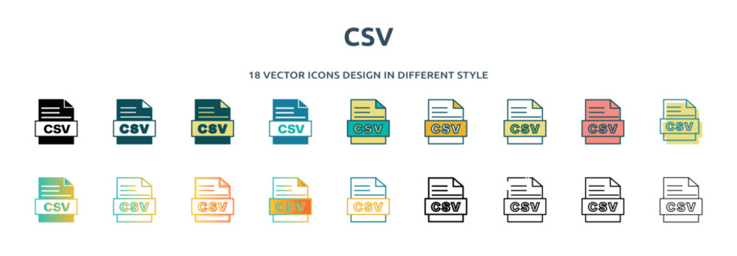 csv icon in 18 different styles such as thin line, thick line, two color, glyph, colorful, lineal color, detailed, stroke and gradient. set of csv vector for web, mobile, ui