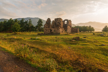 Ruins of the Tormak church (4th century) at sunset time, Armenia