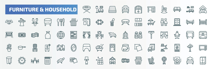 special lineal furniture & household icons set. outline icons such as card table, double door, pet house, silverware, daybed, divan, wall shelves, wall clock, table lamp, waste basket line icons.