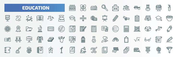 special lineal education icons set. outline icons such as school calendar, case, plant sample, song, graduation, final test, square root in class, ink, math book, various files line icons.