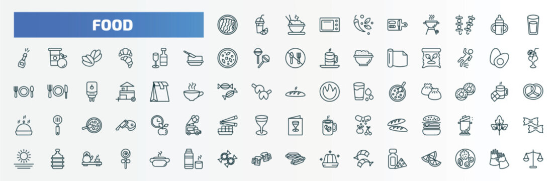 special lineal food icons set. outline icons such as wonton noodles, spices, water glass, alcoholic drinks, boiled egg, french bread, hamburguer, water container, polvoron, dairy line icons.