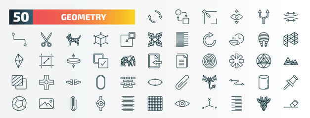 set of 50 special lineal geometry icons. outline icons such as reverse, stretch, insert, fillet, select all, asterisk, constraint, polygonal scorpion, background, preview line icons.