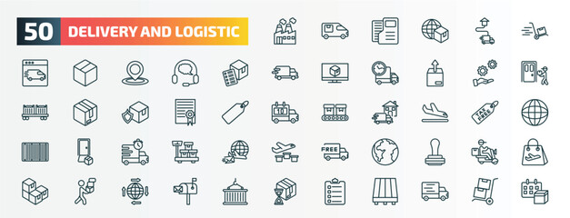 Obraz na płótnie Canvas set of 50 special lineal delivery and logistic icons. outline icons such as factory, moving, delivery list, support, charter, arrival, express delivery, planet earth, man, clipboard line icons.