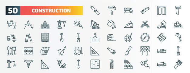 set of 50 special lineal construction icons. outline icons such as chisel, inclined hammer, angle grinder, home key, interior de, stopping, vise, brush, pickaxes drilling, big clippers line icons.