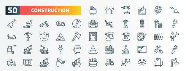 Fototapeta na wymiar set of 50 special lineal construction icons. outline icons such as hex key, construction palette, round wrench, constructions, working, measures plan, derrick with box, derrick with pallet, house