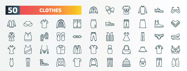 Fototapeta na wymiar set of 50 special lineal clothes icons. outline icons such as leather biker jacket, pilot sunglasses, chino shorts, leather chelsea boots, sleepers, flare pants, jewelry, barrel handbag, leggins,