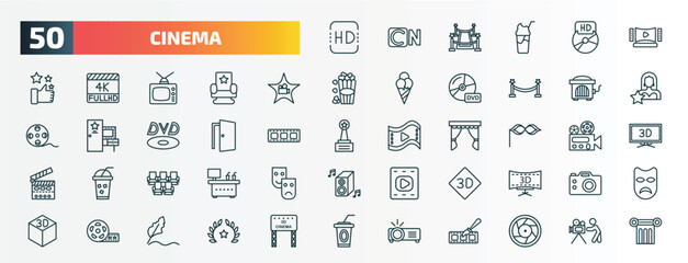 set of 50 special lineal cinema icons. outline icons such as hd, home theater, cinema celebrity, cinema hurdy gurdy, doorway, small carnival mask, theatre seats, 3d text, big film roll, image