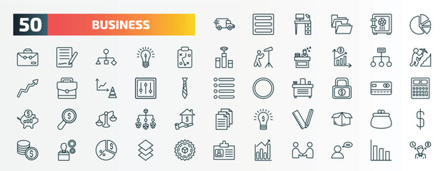 Obraz na płótnie Canvas set of 50 special lineal business icons. outline icons such as logistic, pie graphic, tactic, structure, tones, safe money, punishment, maths tool, employee going to work, statistical chart line